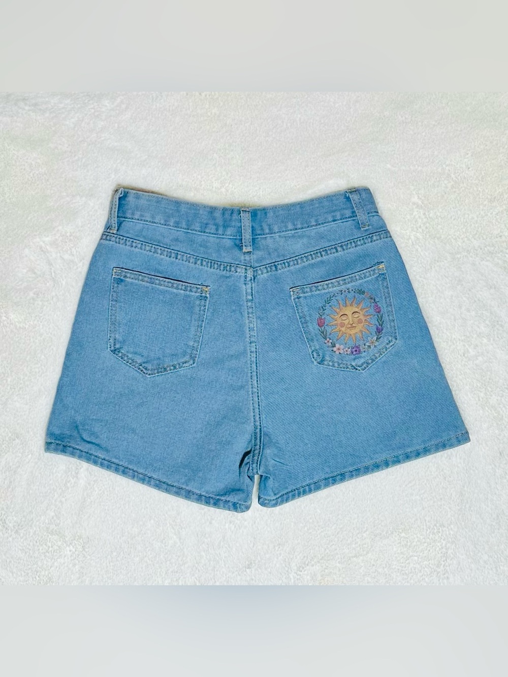Women's Light Blue Denim Shorts with Sun Embroidered Pocket